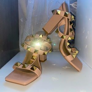 Nude square toed heels with gold embellishments, size 6.5.